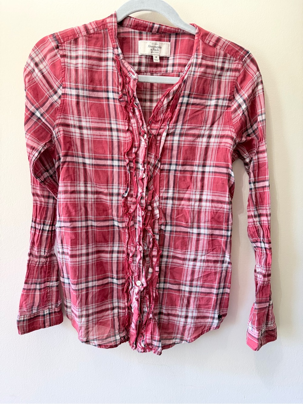 Y2K Abercrombie & Fitch Red White Plaid Ruffle Shirt Cinched Waist Preppy Fall L